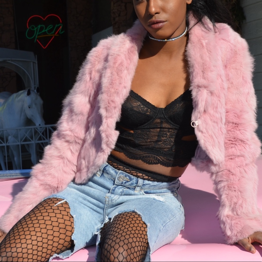 Pink Real Fur Cropped Jacket Coat